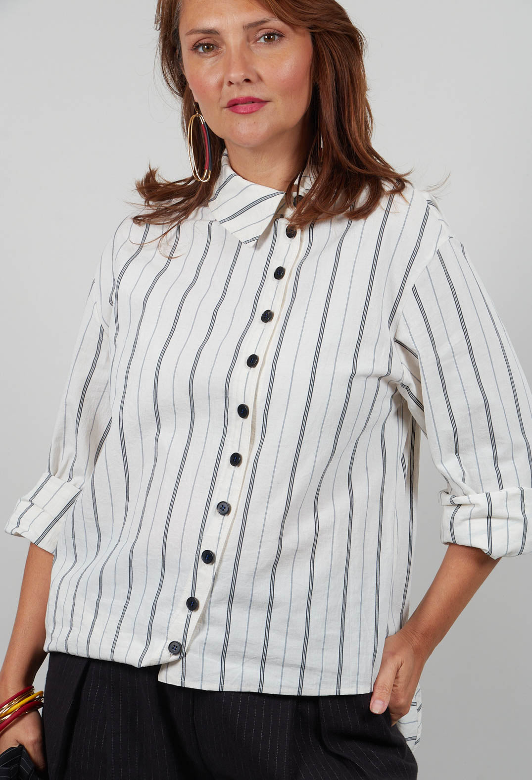 Asymmetric Shirt in Off White Stripe