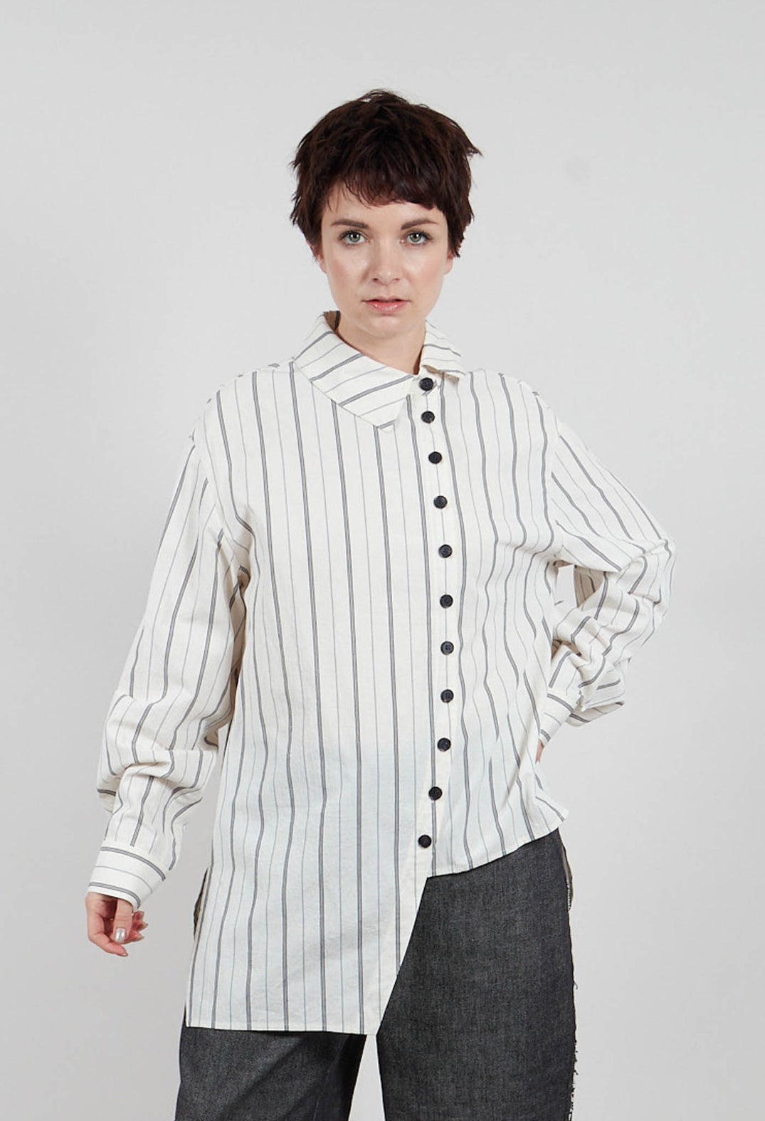 Asymmetric Shirt in Off White Stripe