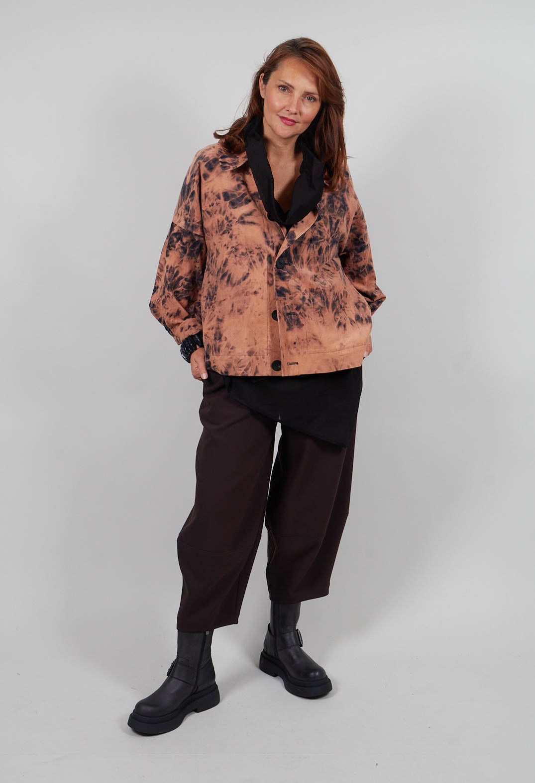 Deep Collared Jacket in Brown Print