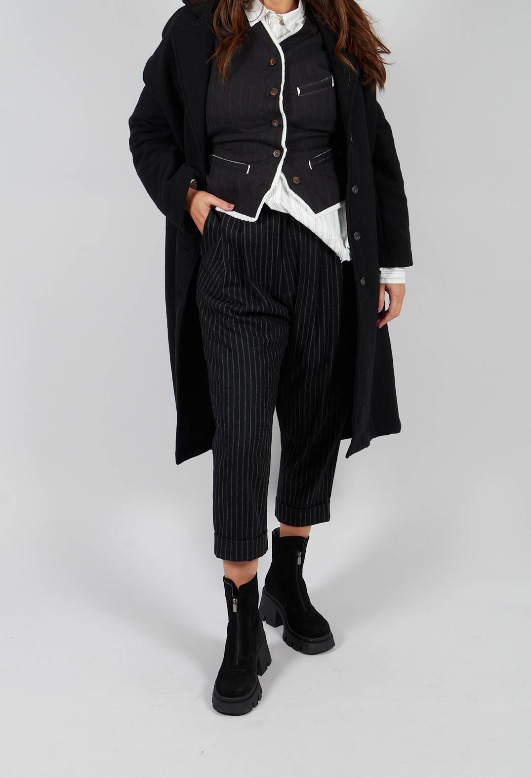 Tapered Turn Up Trouser in Black Stripe