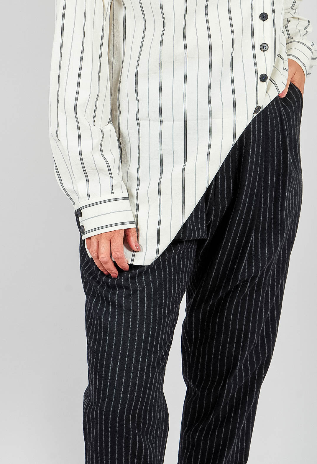 Tapered Turn Up Trouser in Black Stripe