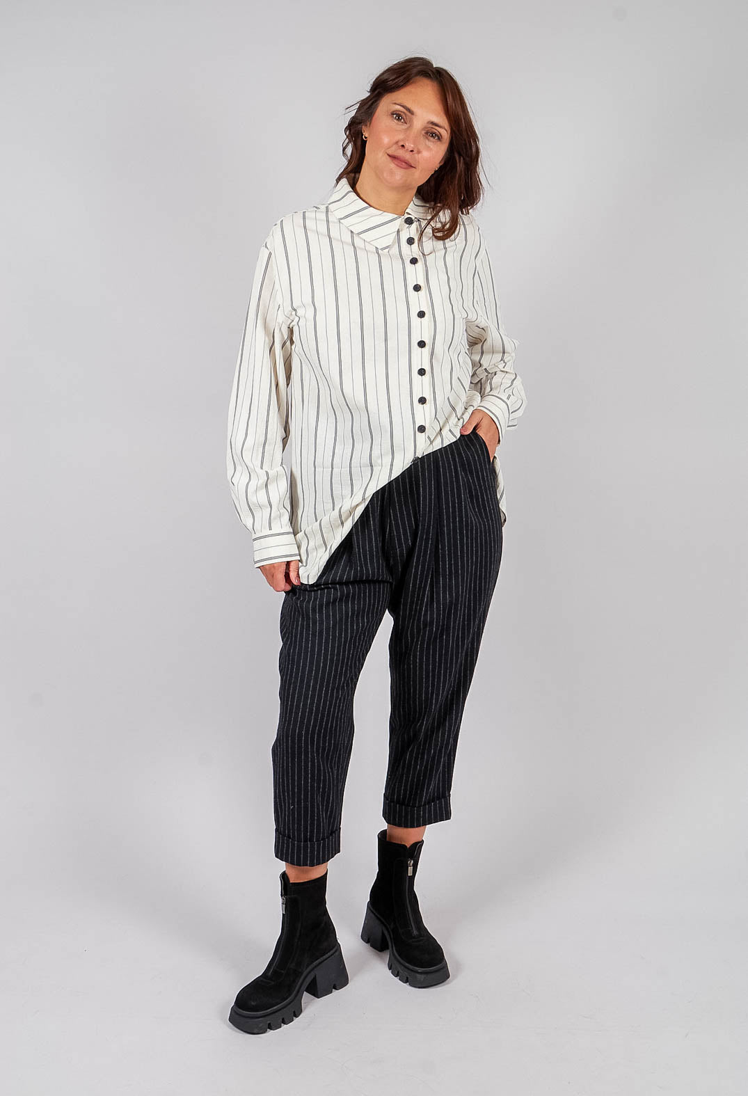 Tapered Turn Up Trouser in Black Stripe