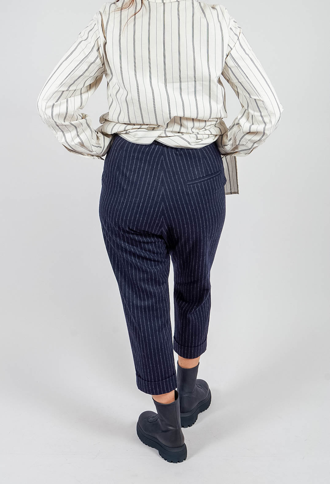 Tapered Turn Up Trouser in Navy Stripe