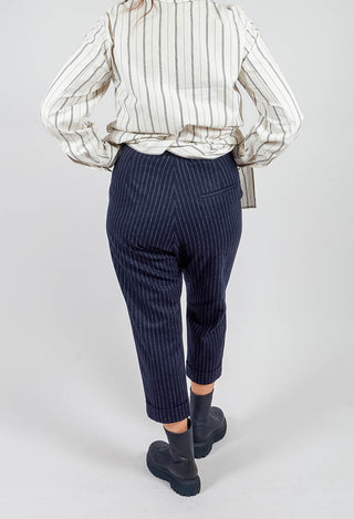 Tapered Turn Up Trouser in Navy Stripe