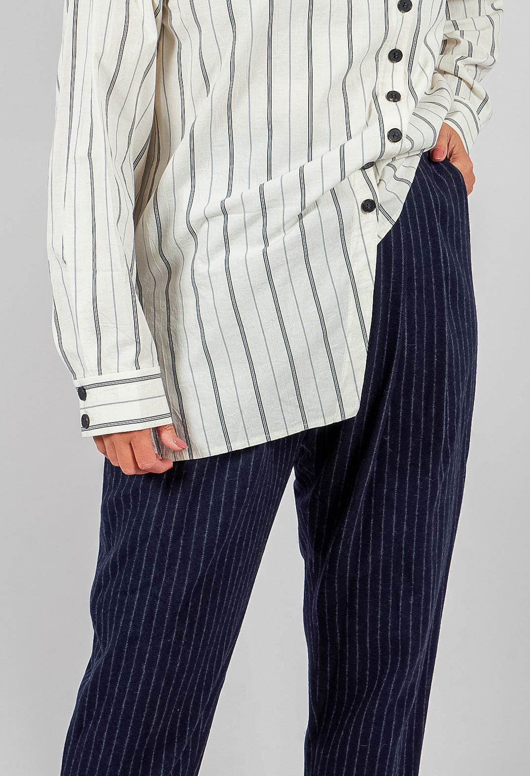 Tapered Turn Up Trouser in Navy Stripe