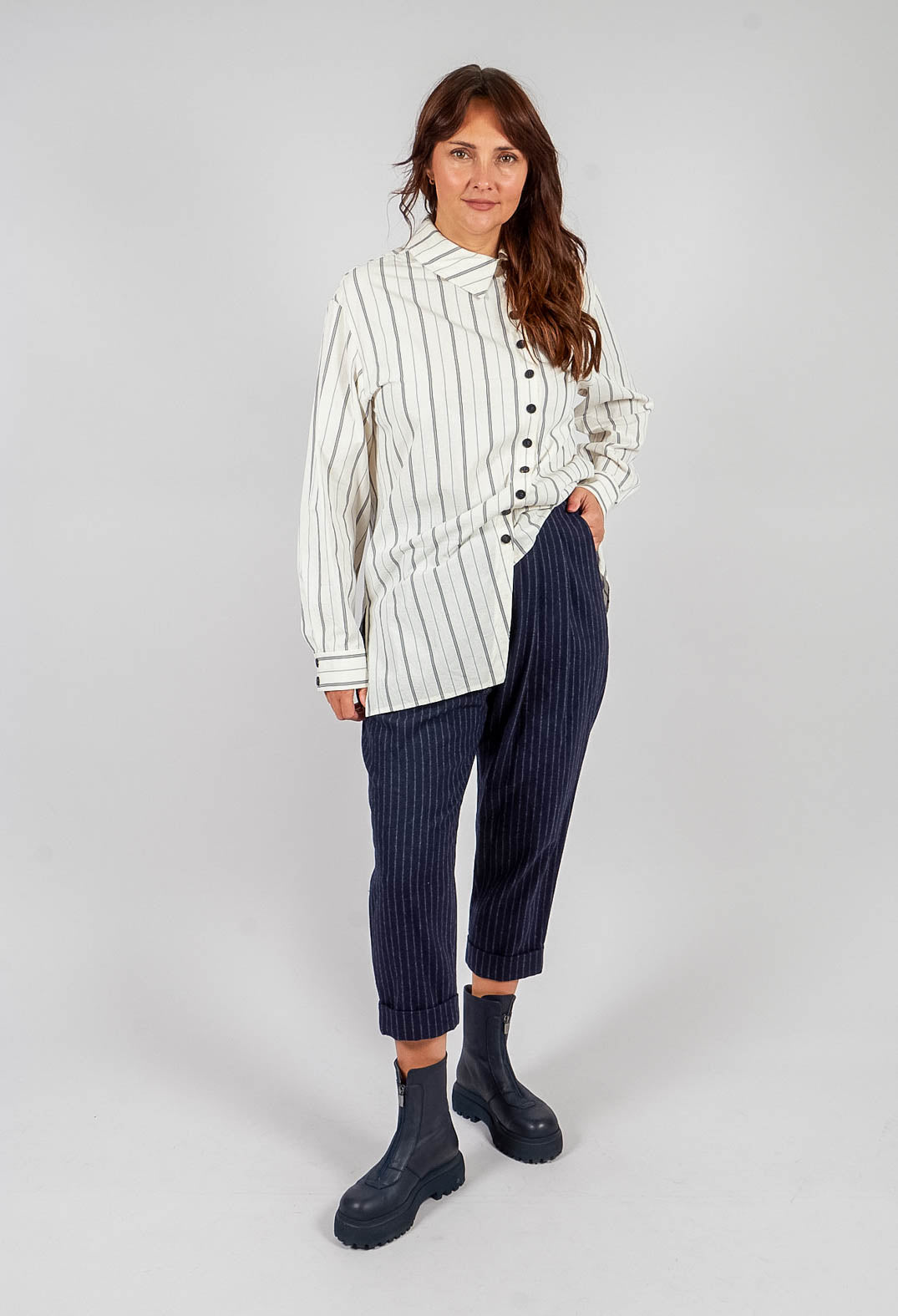 Tapered Turn Up Trouser in Navy Stripe