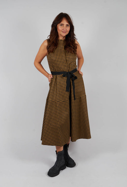 Sleeveless Dress in Gold Check