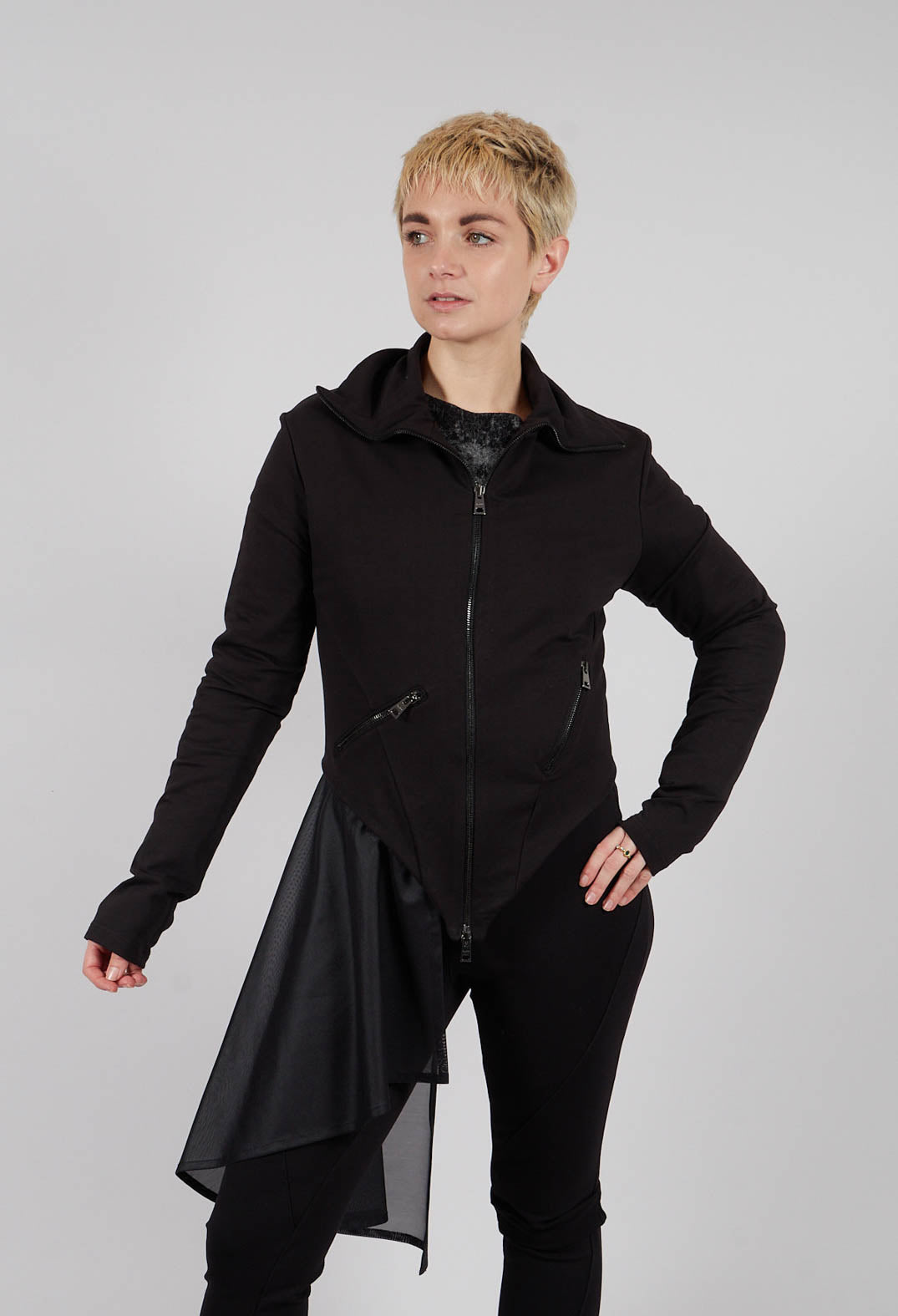 Stretch Fleece and Tulle Slim Jacket in Black