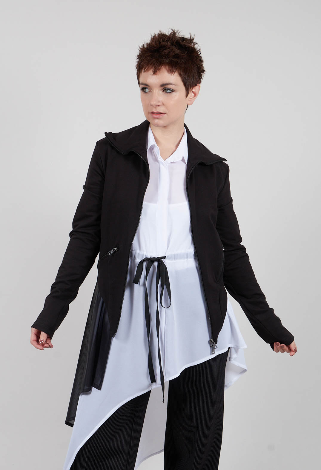 Stretch Fleece and Tulle Slim Jacket in Black