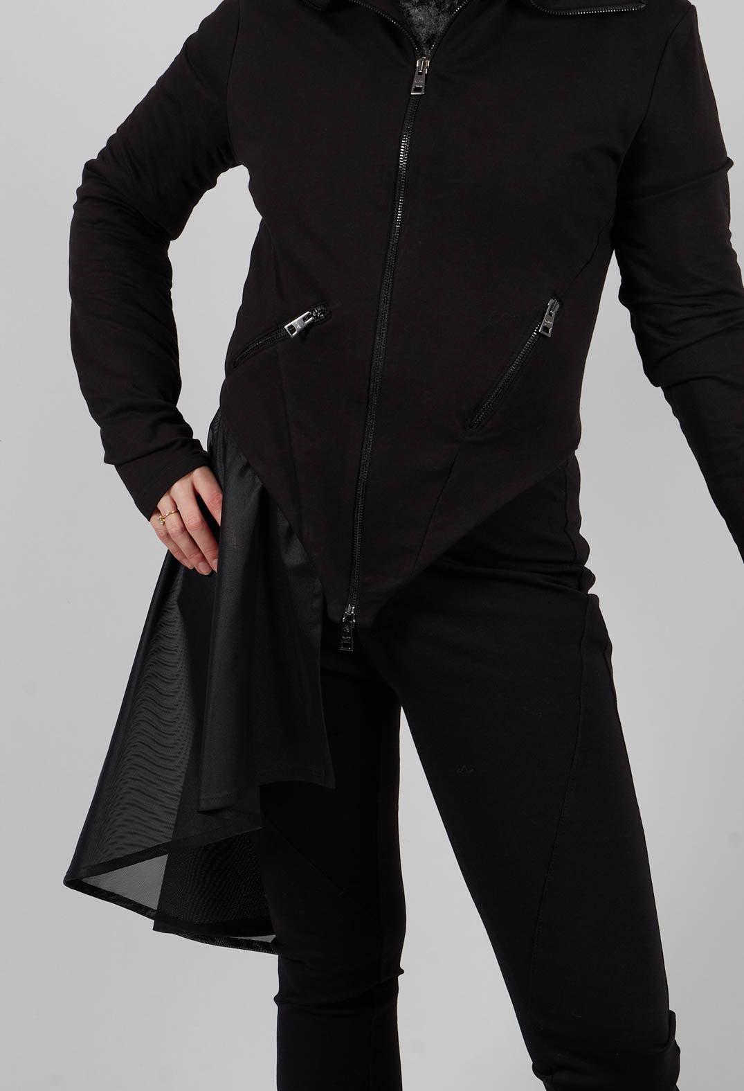 Stretch Fleece and Tulle Slim Jacket in Black