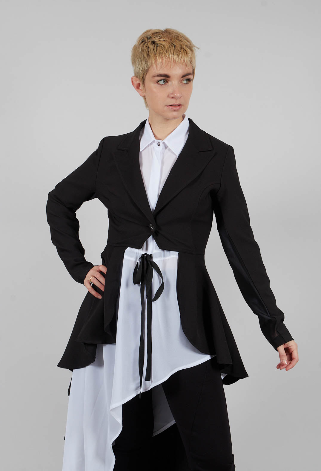 Asymmetric Stretch Techno and Tulle Jacket in Black