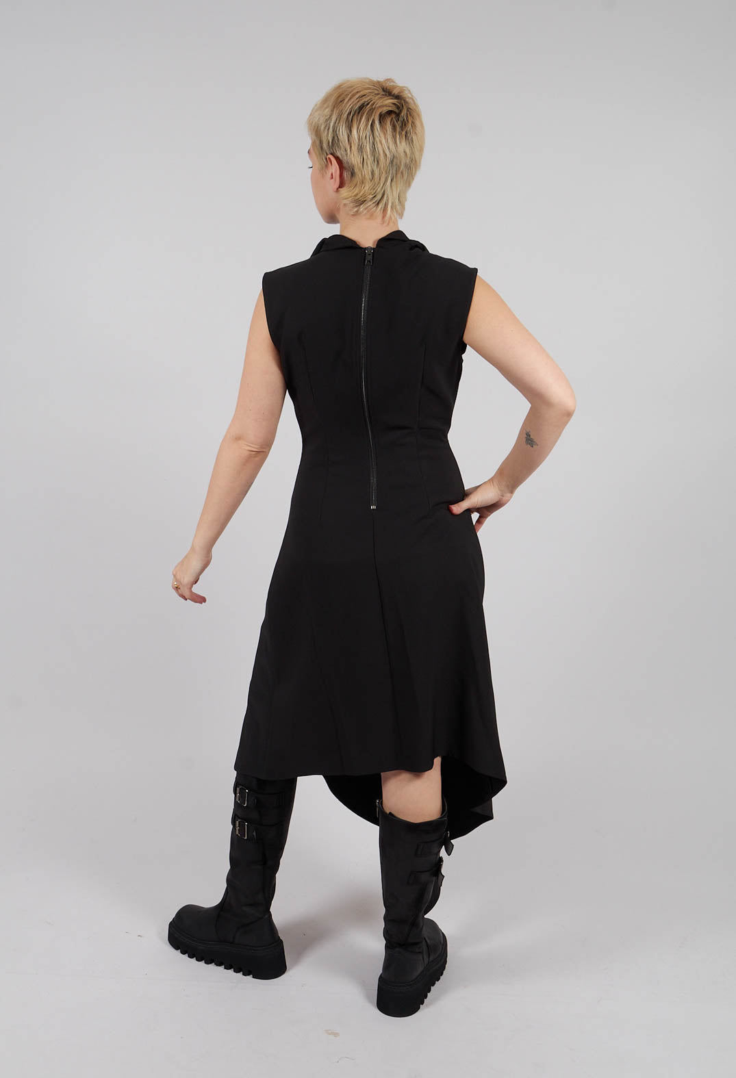 Asymmetric Techno Stretch and Faux Leather Dress in Black