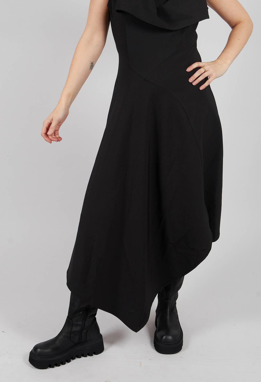 Asymmetric Techno Stretch and Faux Leather Dress in Black