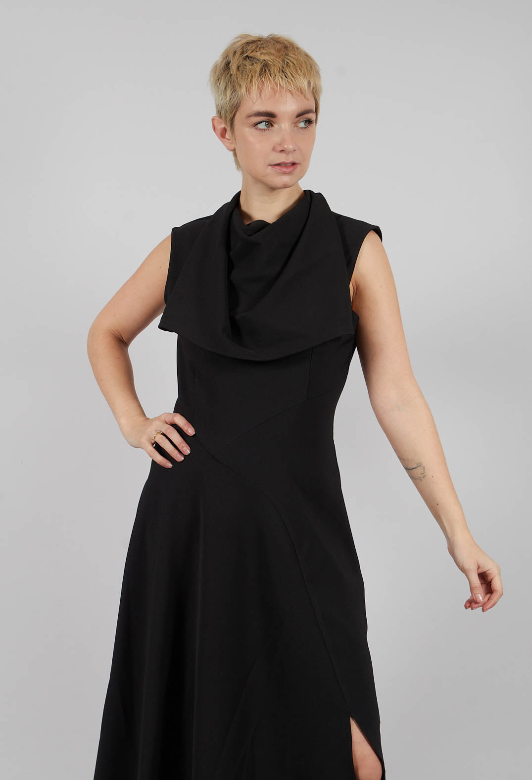 Asymmetric Techno Stretch and Faux Leather Dress in Black