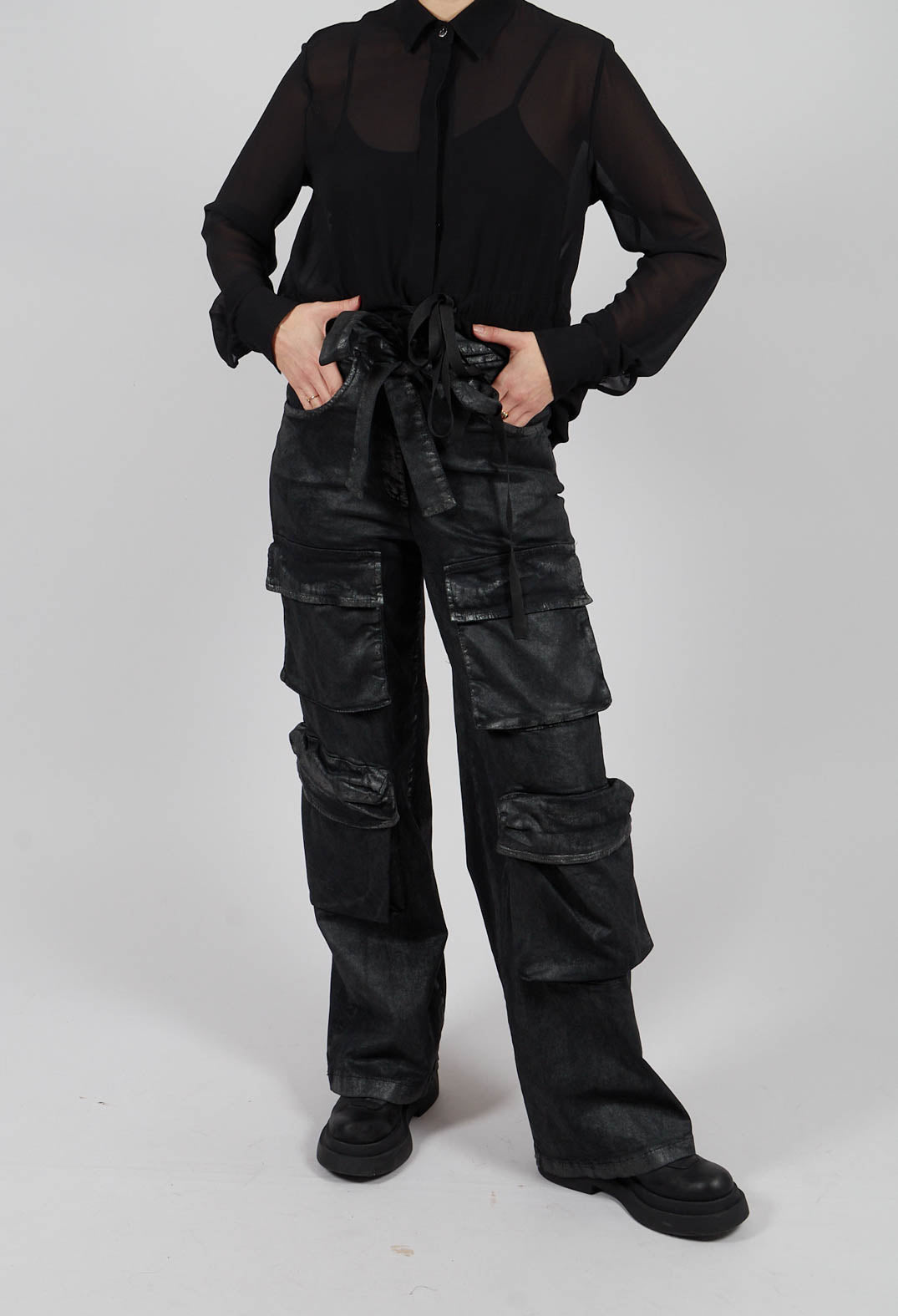 Wide Fit Gabardine Cotton Trousers in Coated Black