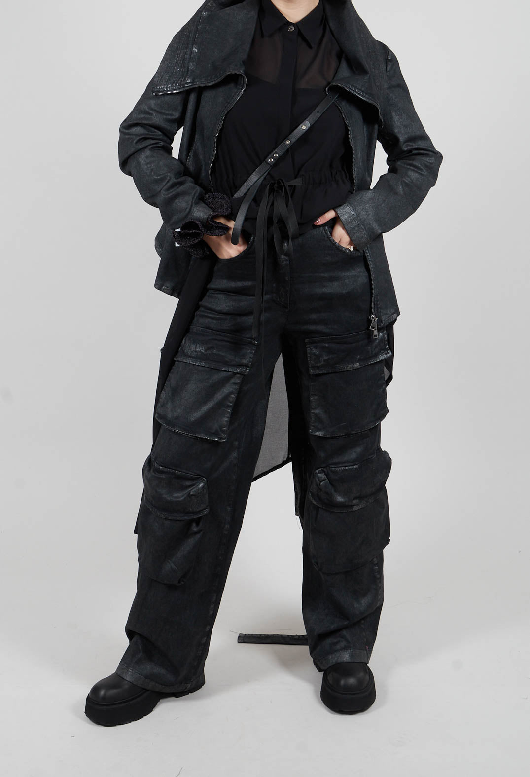 Wide Fit Gabardine Cotton Trousers in Coated Black