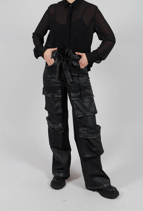 Wide Fit Gabardine Cotton Trousers in Coated Black