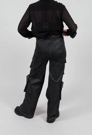 Wide Fit Gabardine Cotton Trousers in Coated Black