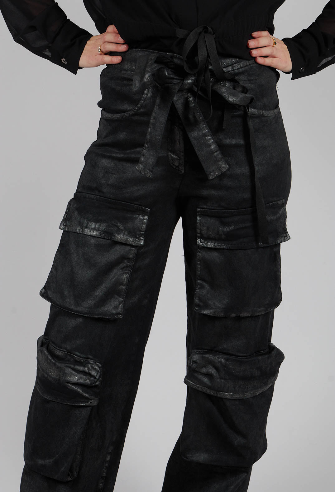 Wide Fit Gabardine Cotton Trousers in Coated Black