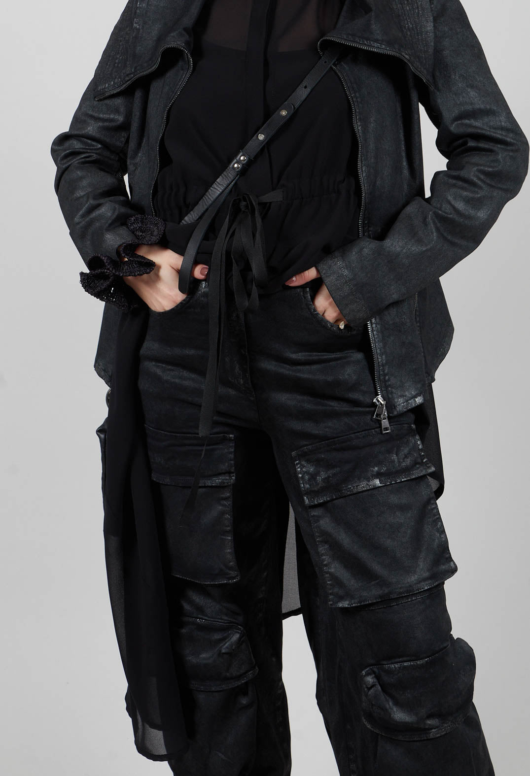 Wide Fit Gabardine Cotton Trousers in Coated Black