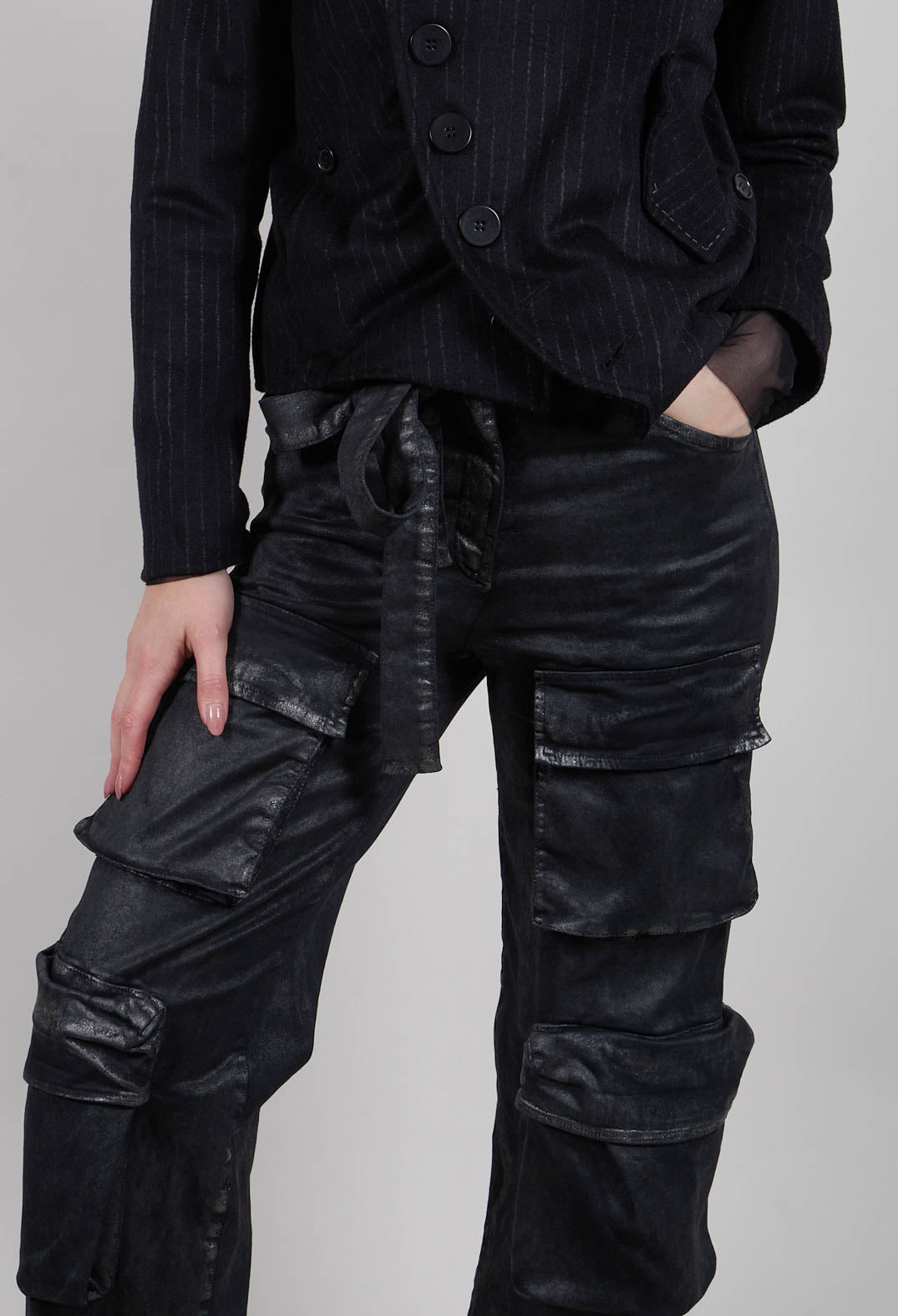 Wide Fit Gabardine Cotton Trousers in Coated Black