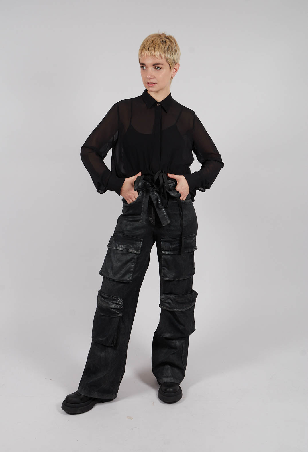 Wide Fit Gabardine Cotton Trousers in Coated Black