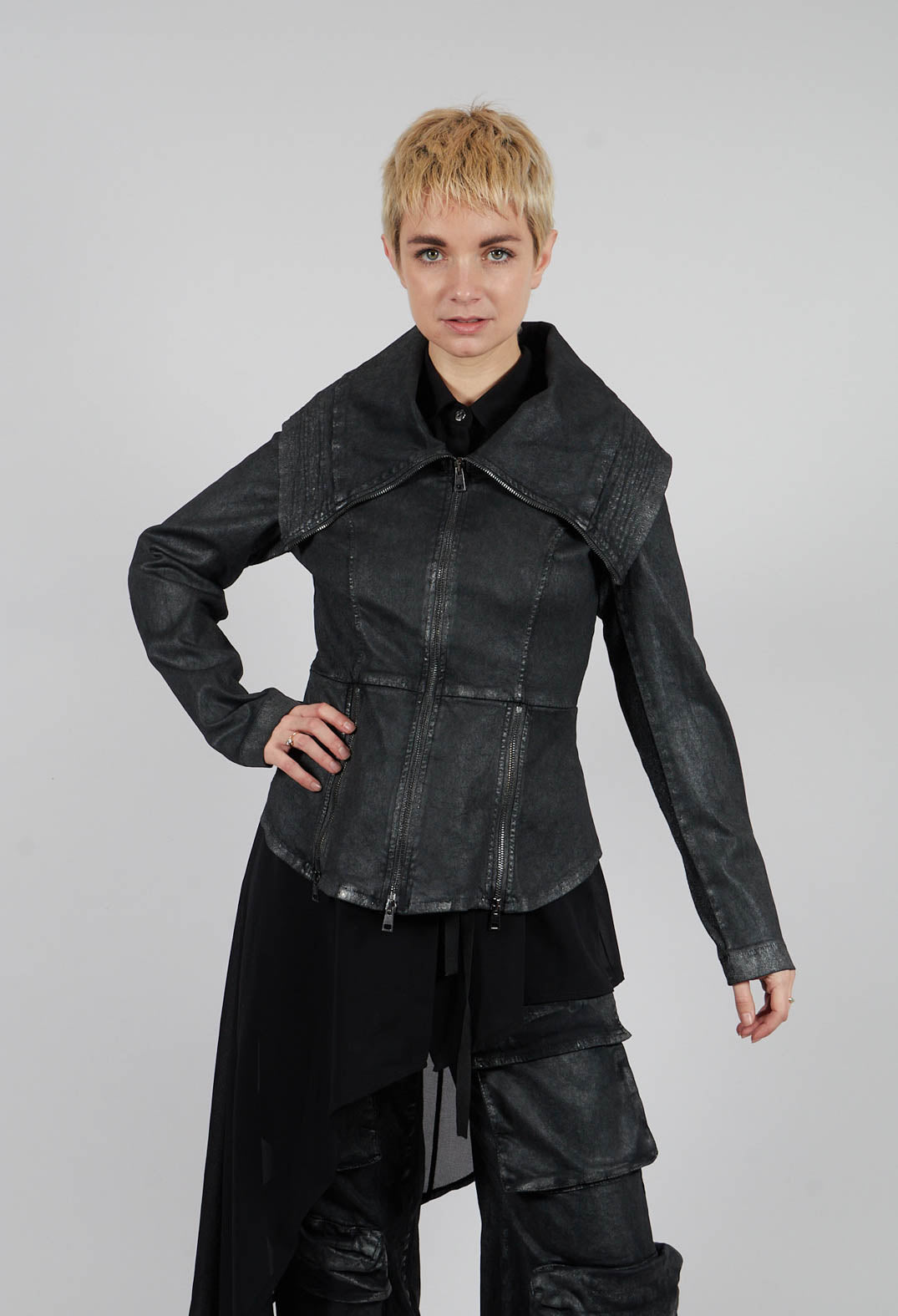 Slim Fit Gabardine Cotton Jacket in Coated Black