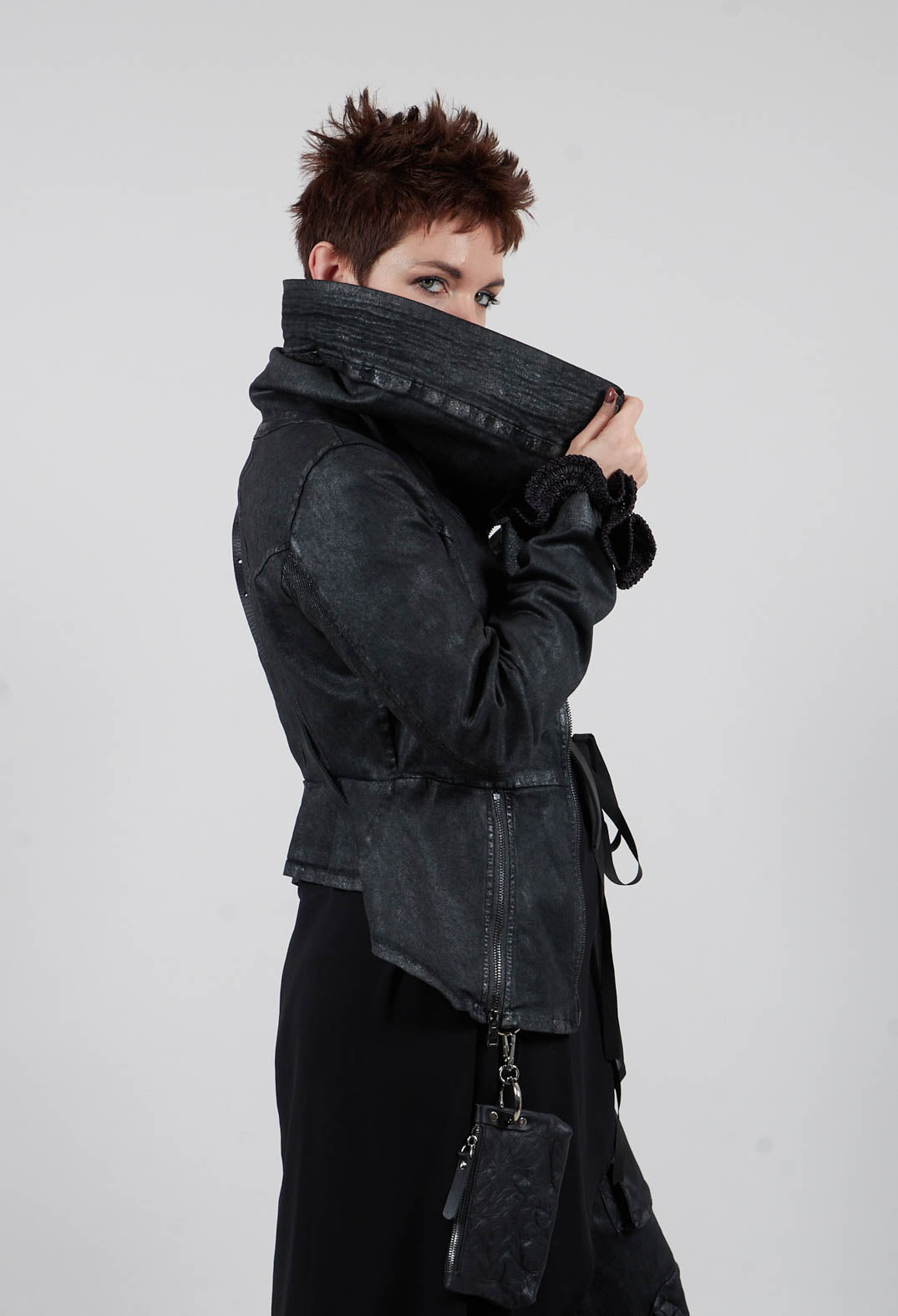 Slim Fit Gabardine Cotton Jacket in Coated Black