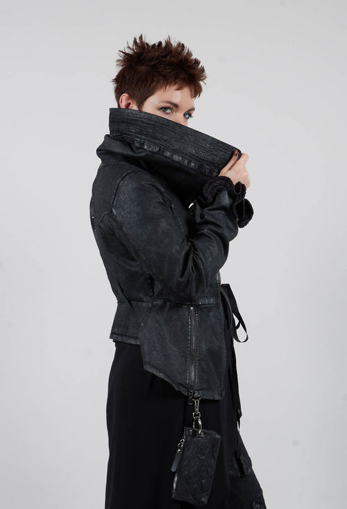 Slim Fit Gabardine Cotton Jacket in Coated Black