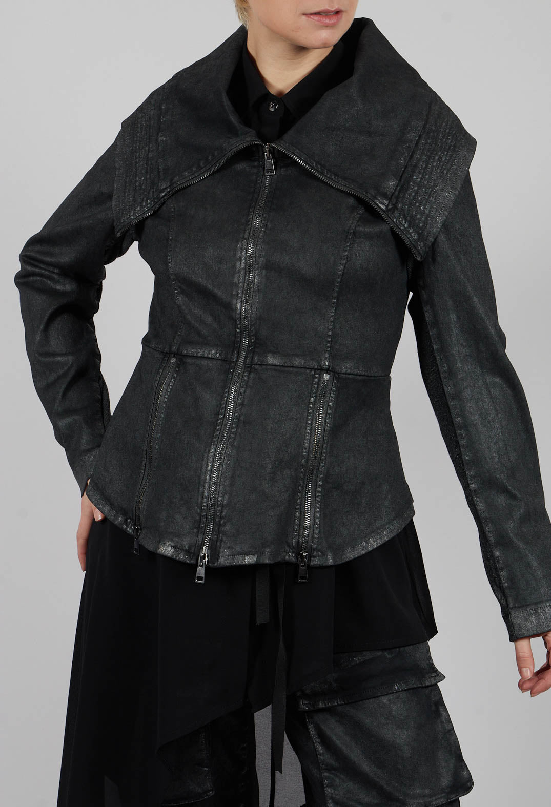 Slim Fit Gabardine Cotton Jacket in Coated Black