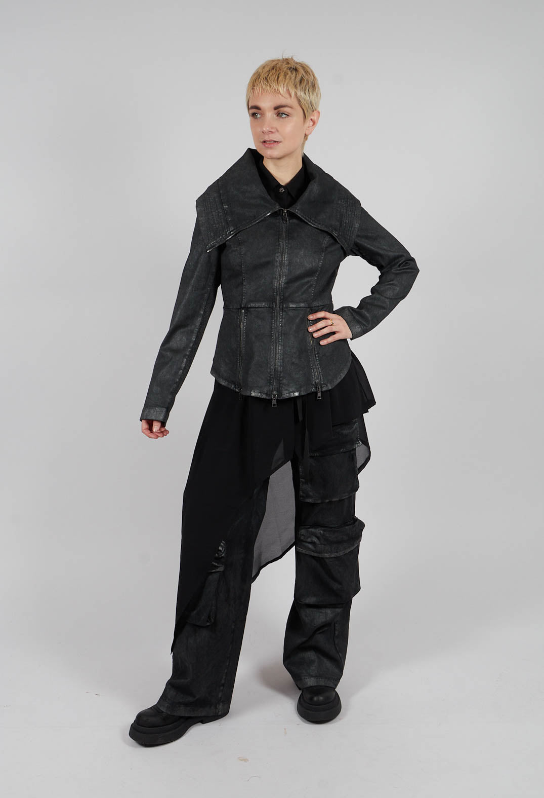 Slim Fit Gabardine Cotton Jacket in Coated Black