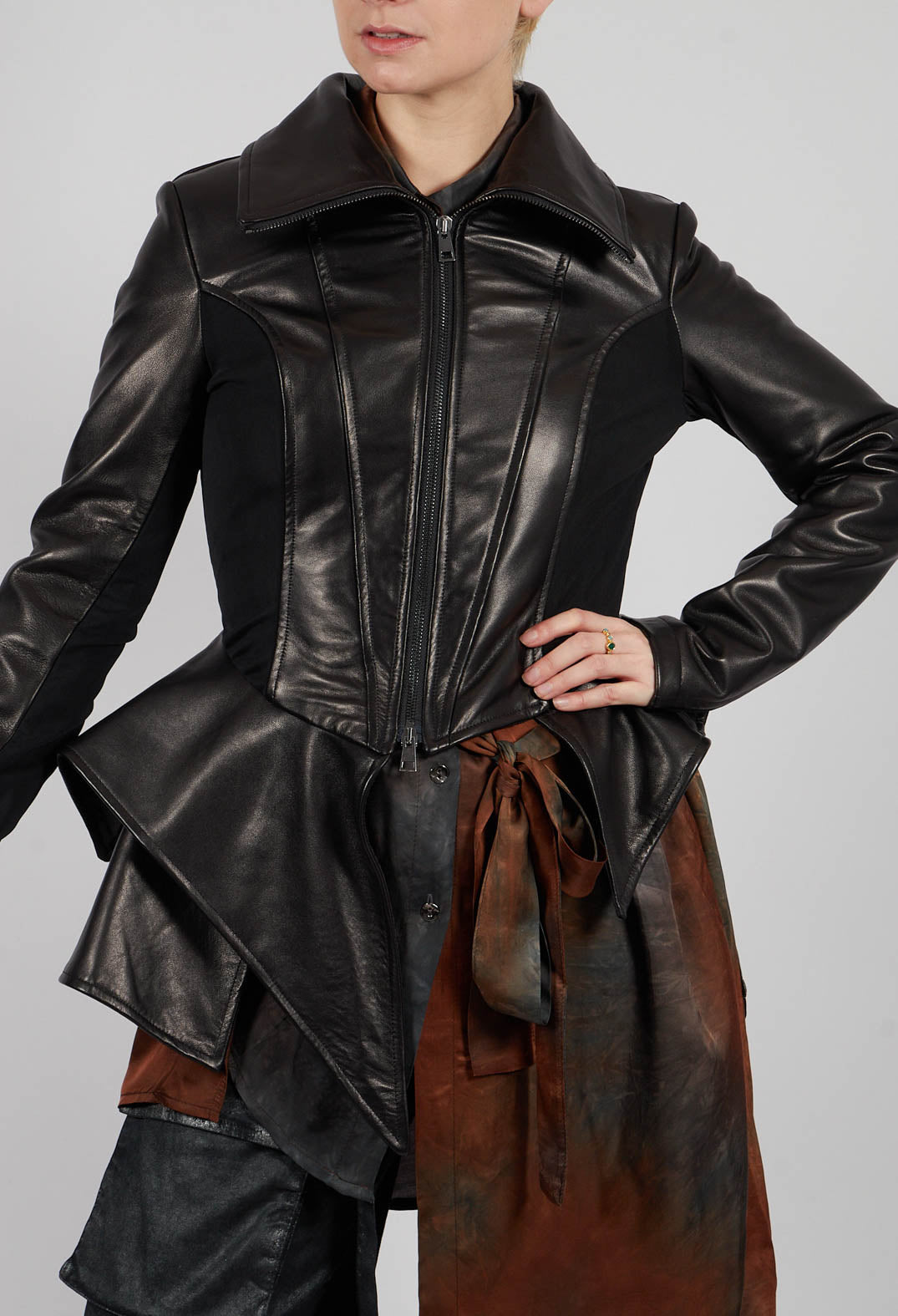 Asymmetric Slim Leather Jacket in Black