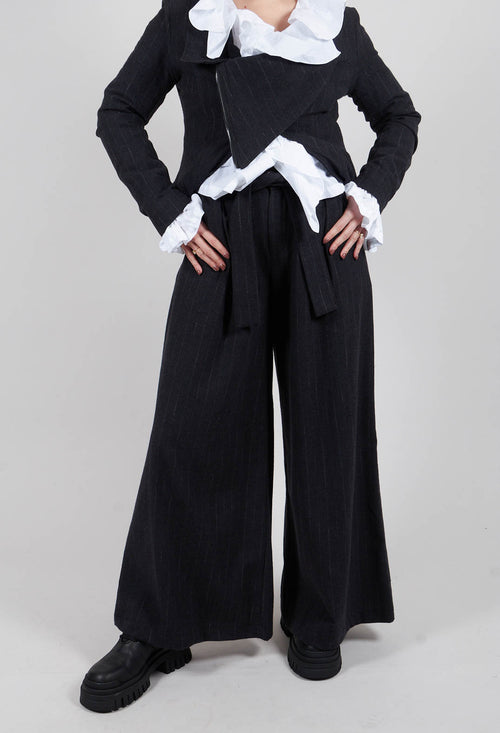 Cotton Blend Palazzo Trousers in Black Pinstripe
