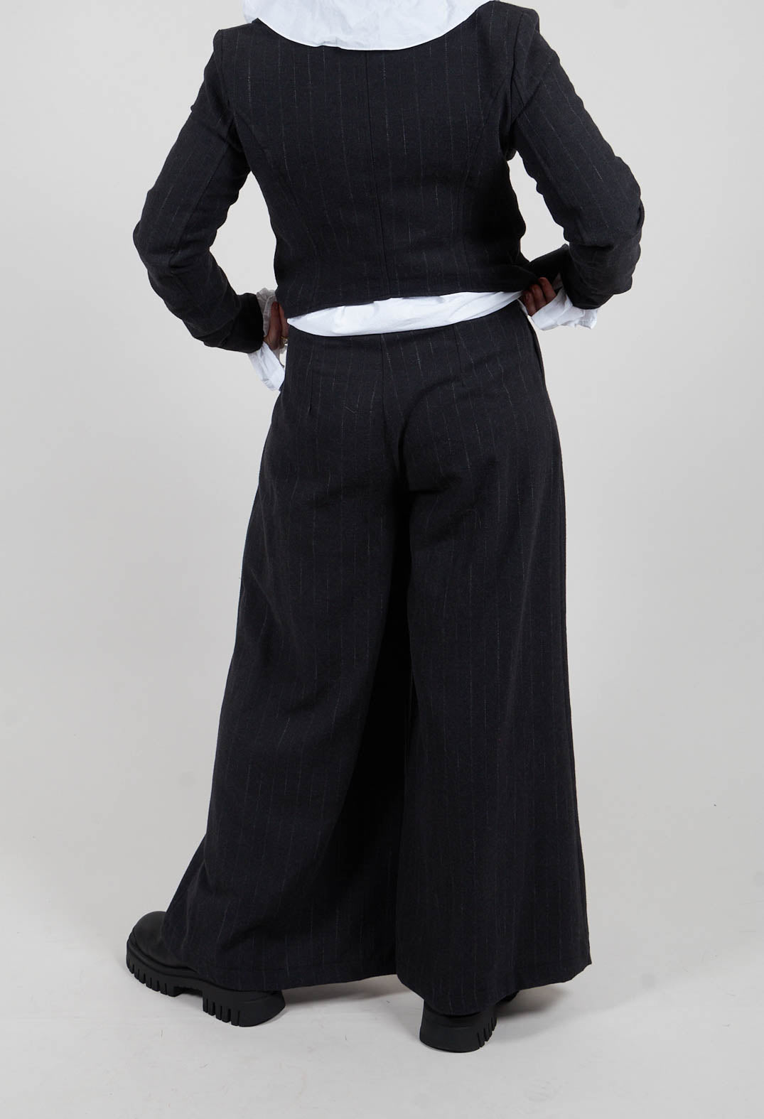 Cotton Blend Palazzo Trousers in Black Pinstripe
