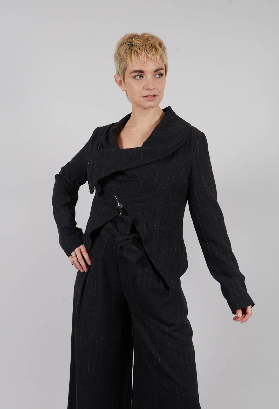 Asymmetric Flannel Jacket in Black Pinstripe
