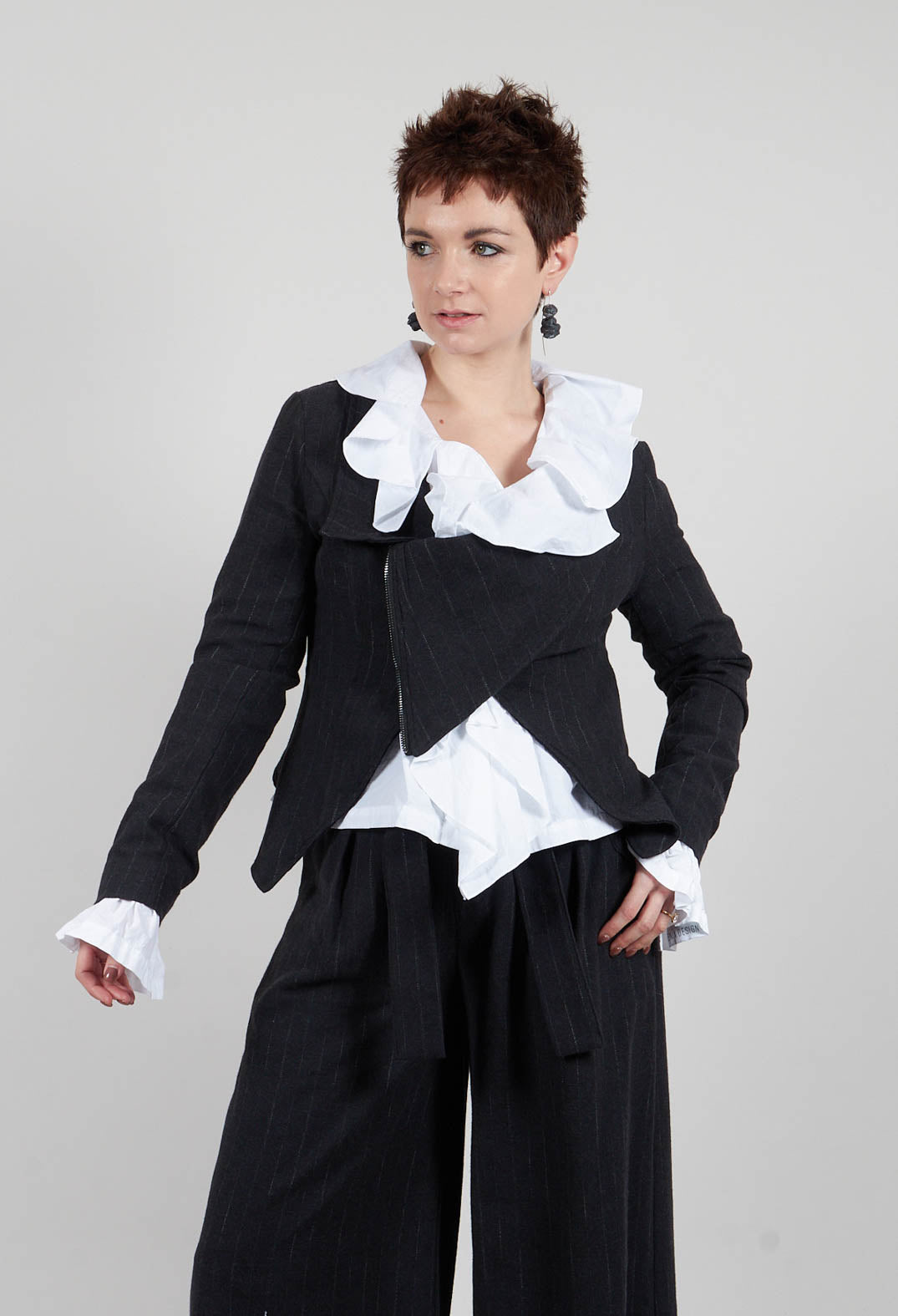 Asymmetric Flannel Jacket in Black Pinstripe