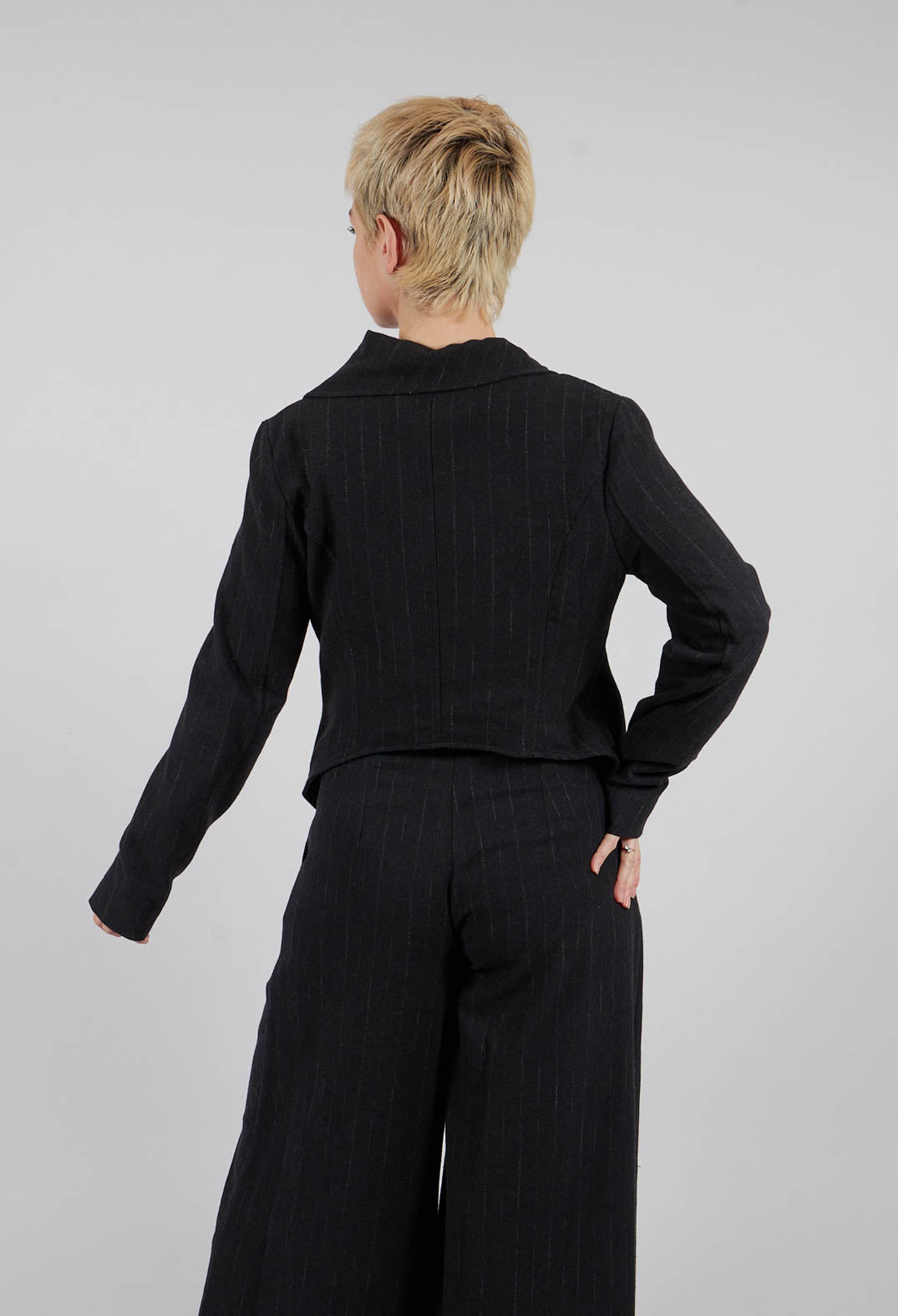 Asymmetric Flannel Jacket in Black Pinstripe