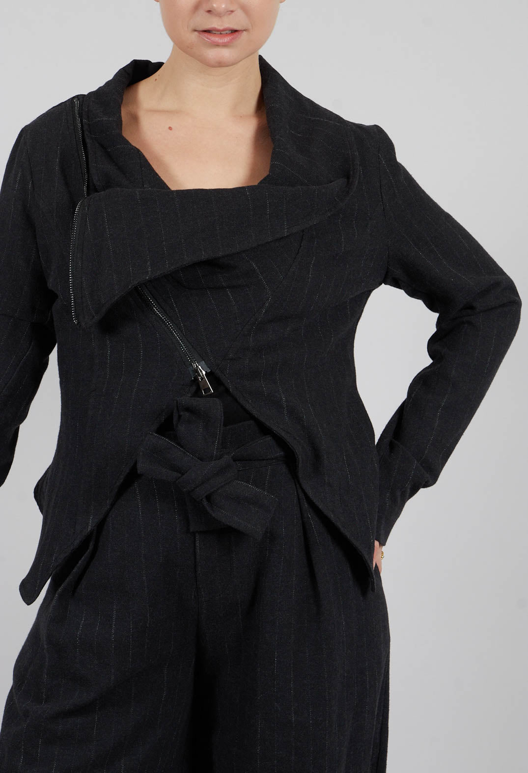 Asymmetric Flannel Jacket in Black Pinstripe