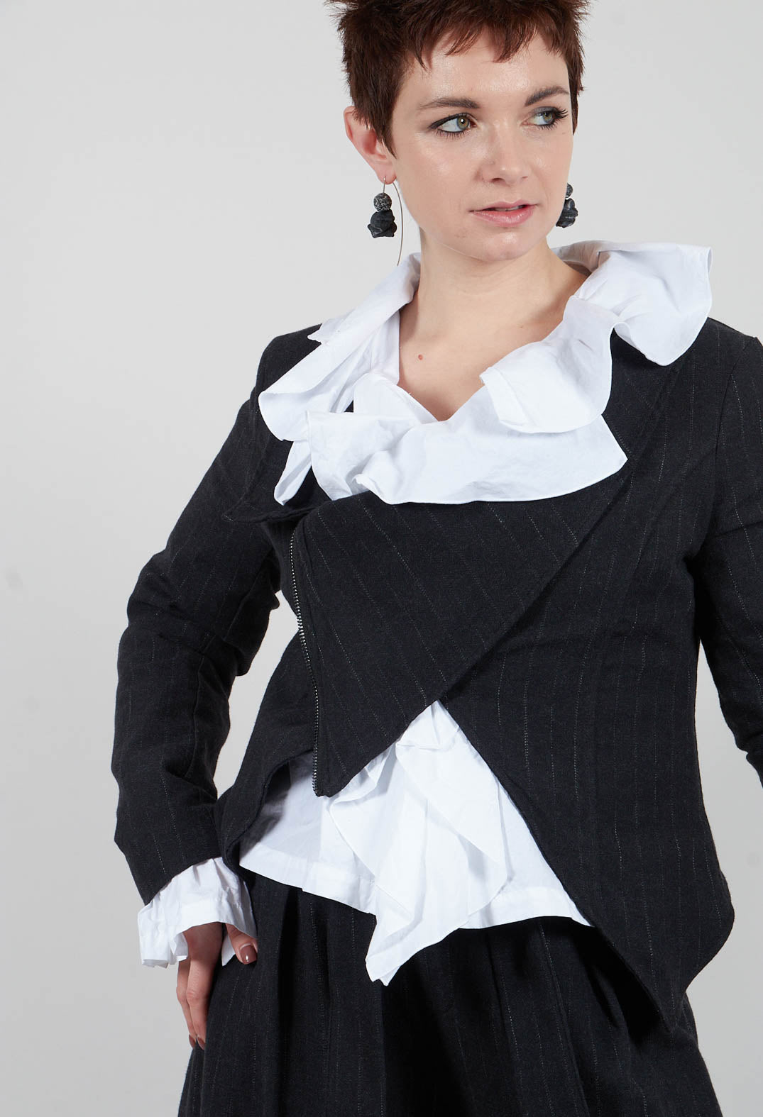 Asymmetric Flannel Jacket in Black Pinstripe