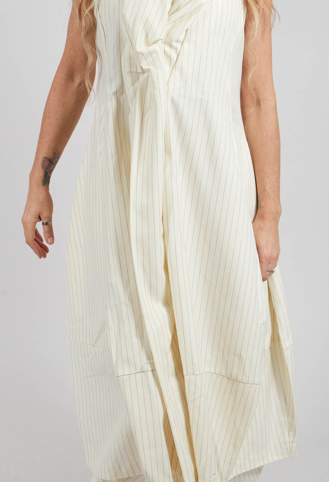 Sleeveless Midi Pinstripe Dress in Cream