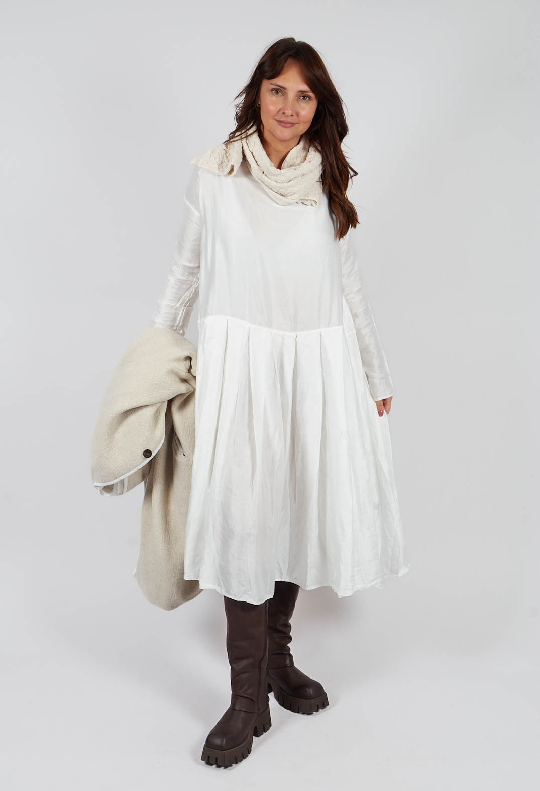 Pleated Boatneck Dress SC in Milk