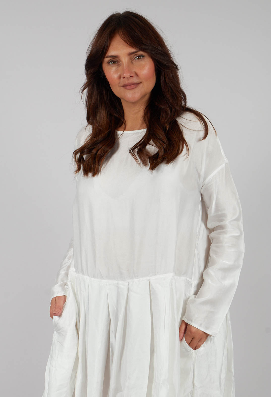 Pleated Boatneck Dress SC in Milk