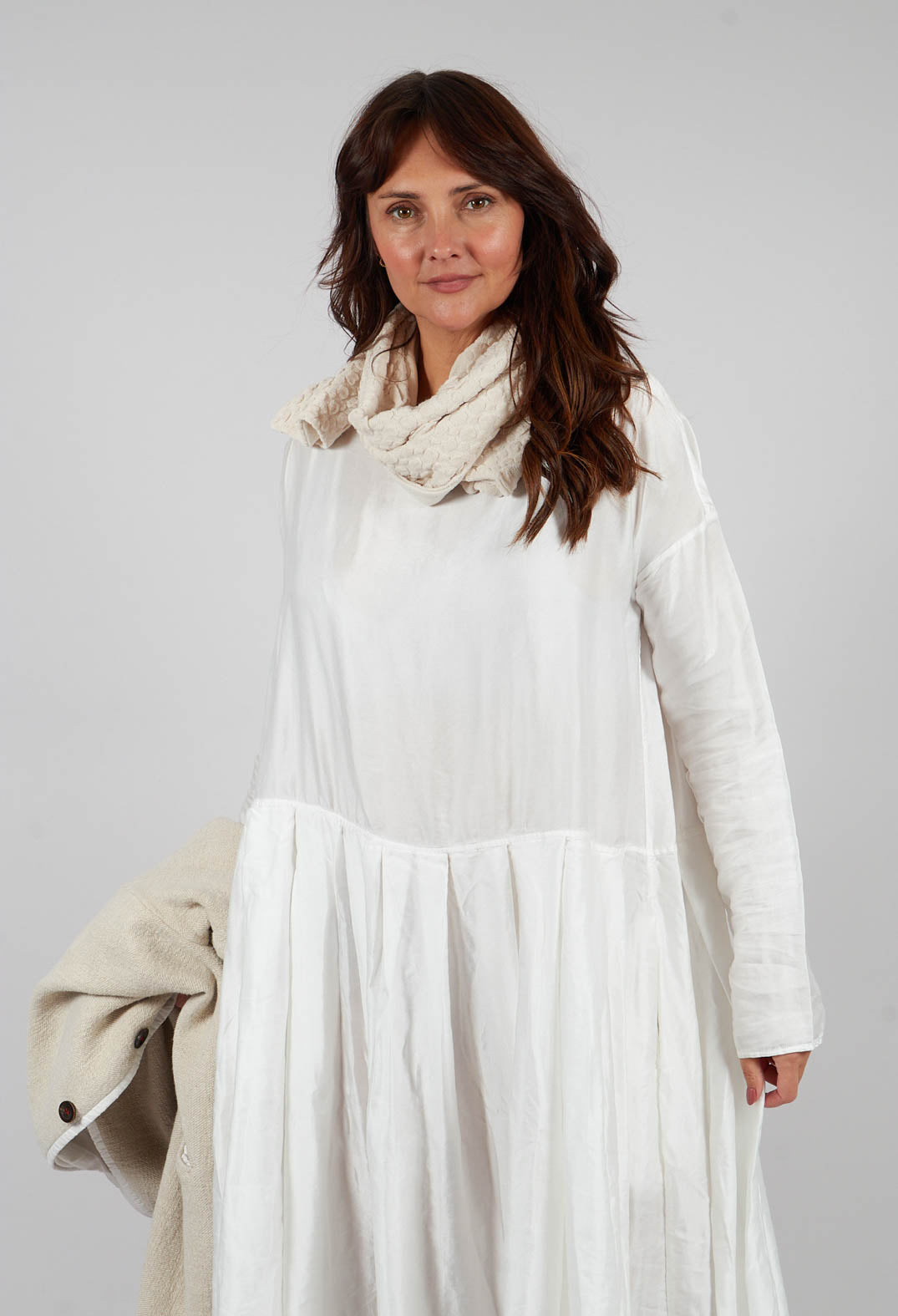 Pleated Boatneck Dress SC in Milk