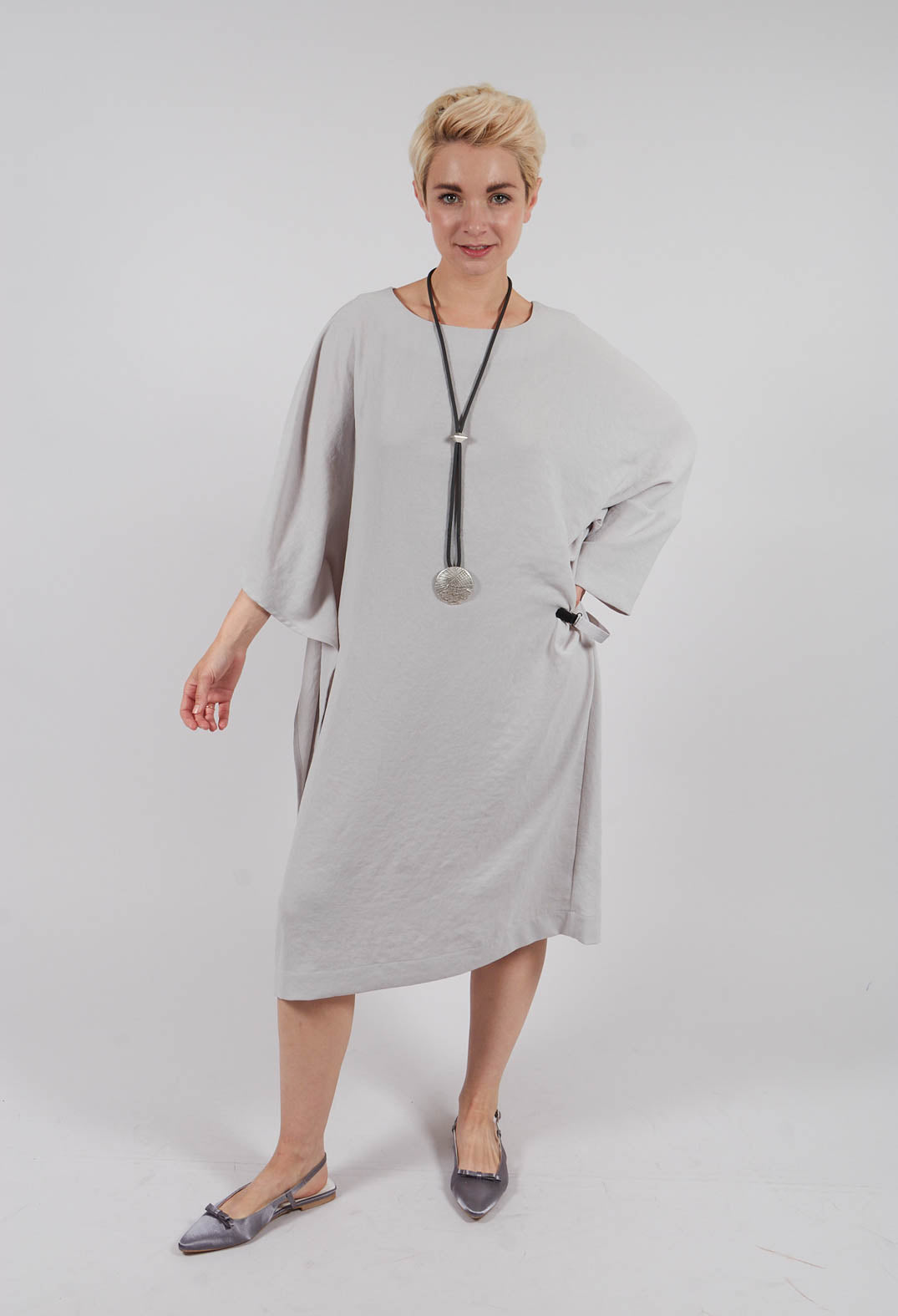 Woven Dress with Asymmetric Sleeves in Stone