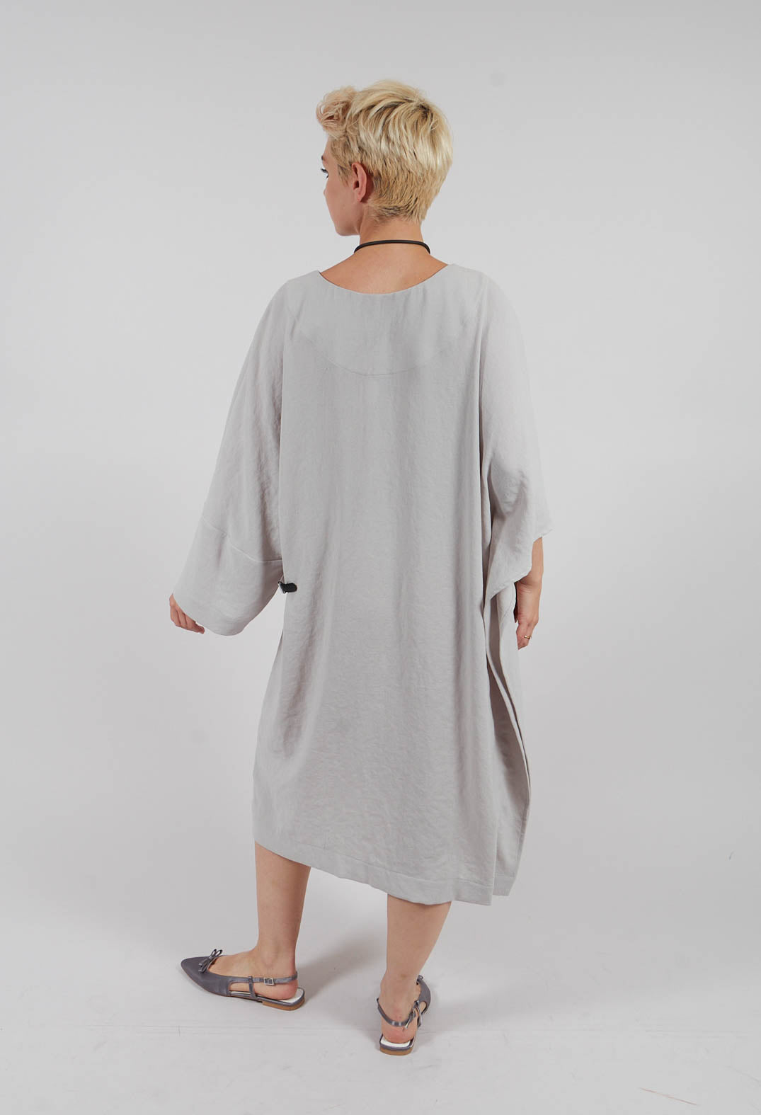 Woven Dress with Asymmetric Sleeves in Stone