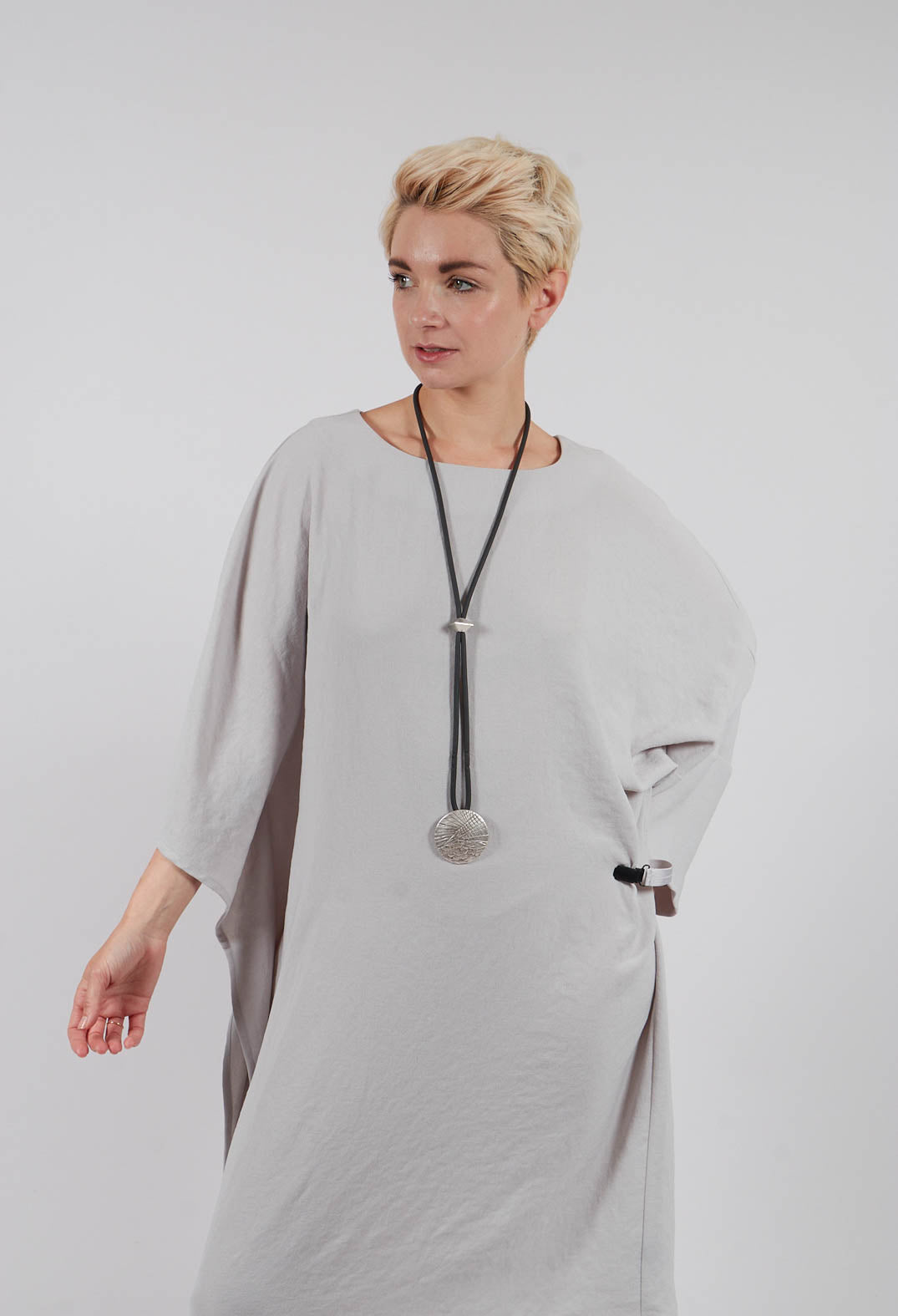 Woven Dress with Asymmetric Sleeves in Stone