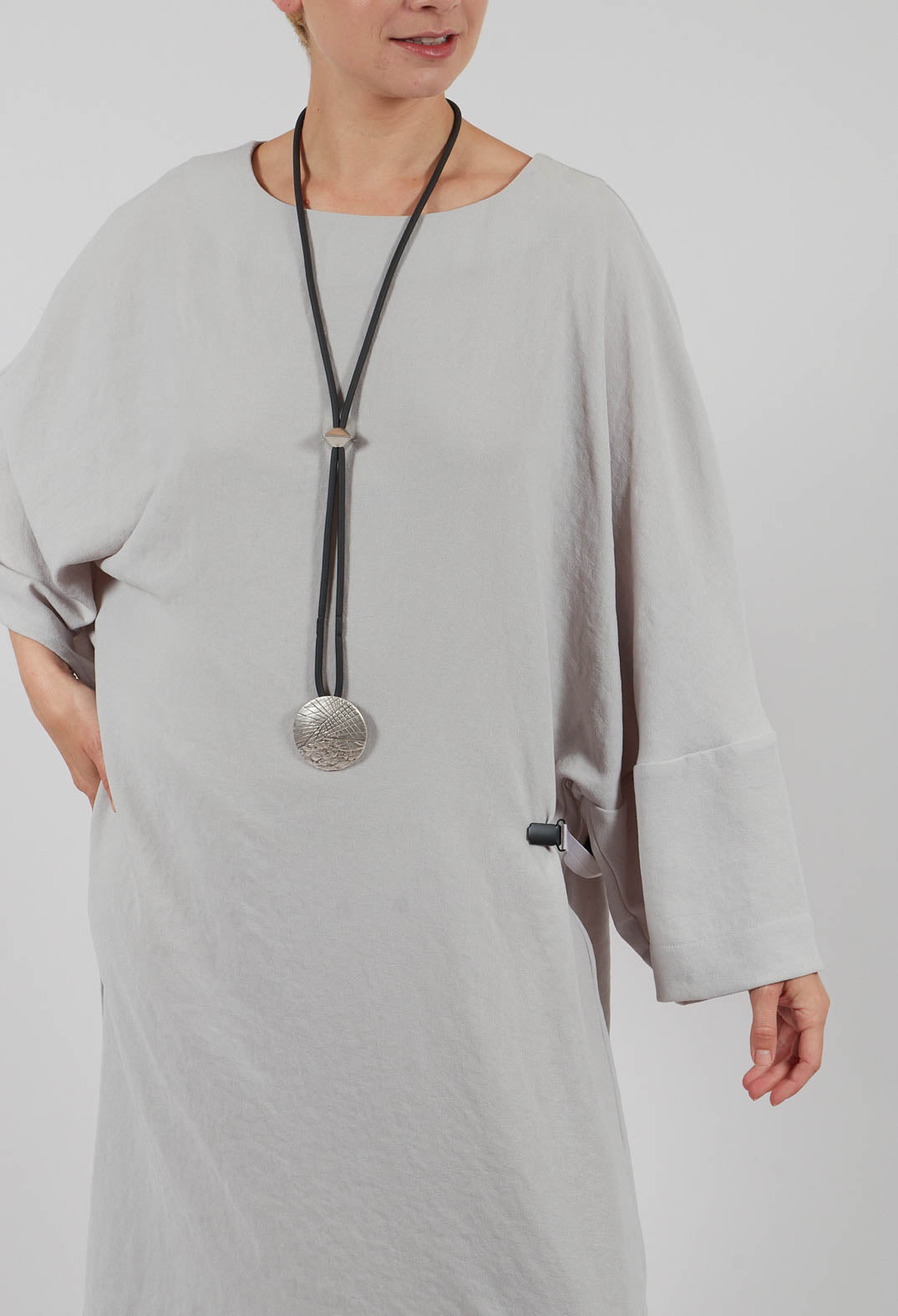 Woven Dress with Asymmetric Sleeves in Stone