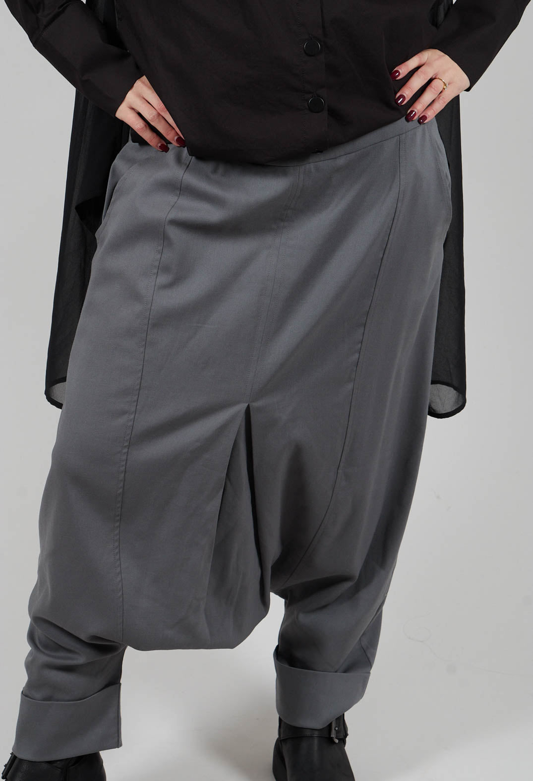 Drop Crotch Rolled Up Woven Trousers in Stone