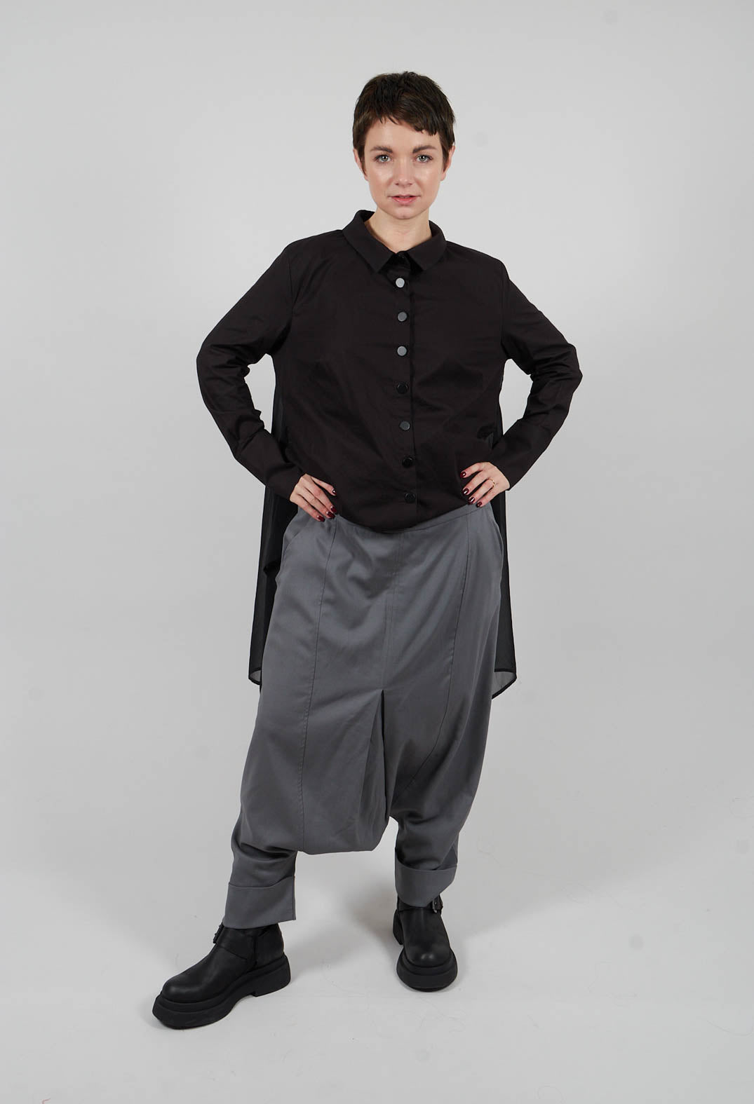 Drop Crotch Rolled Up Woven Trousers in Stone