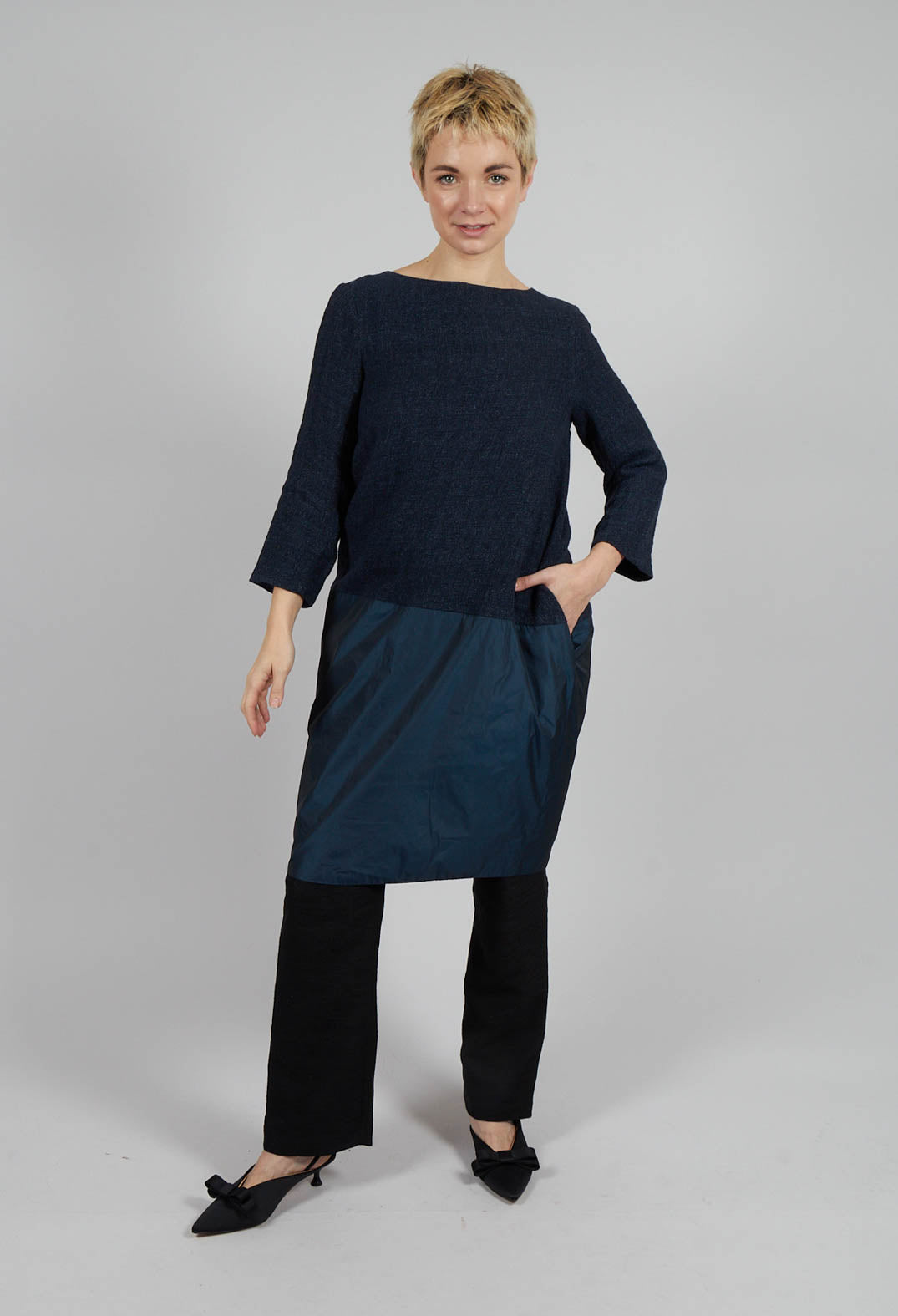 Linen Mix Contrasting Fabric Dress in Navy